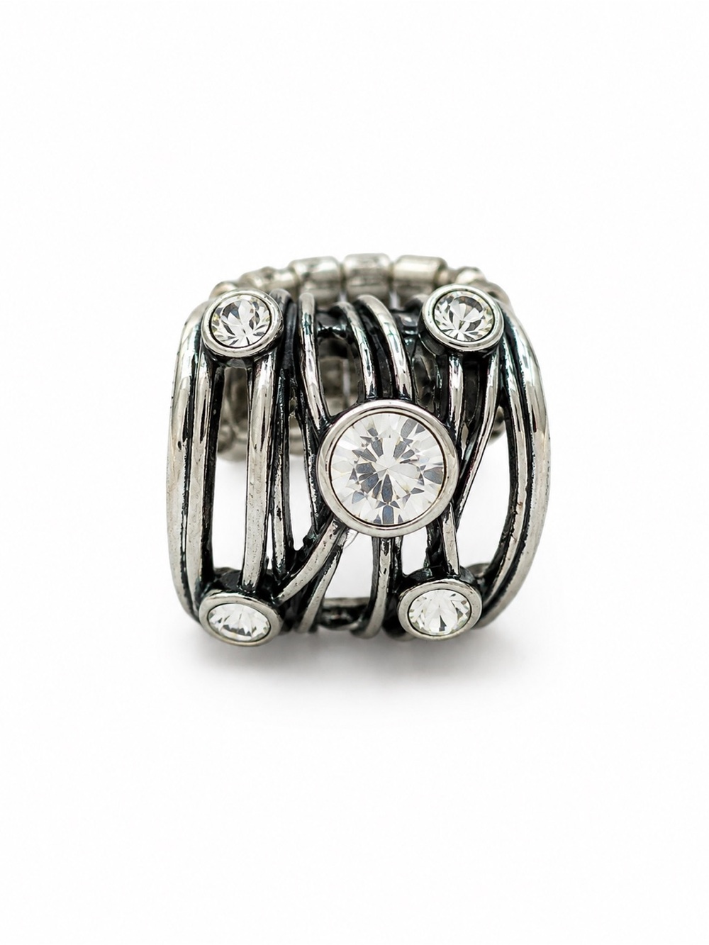 Silver Tone Crystal Rhinestone Wide Stretch Statement Ring